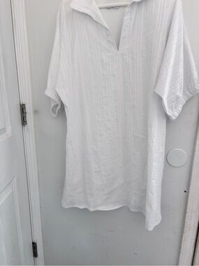 Adrienne 1x White Sheath Short-Sleeve Dress Metallic Thread 100% Cotton 50x36